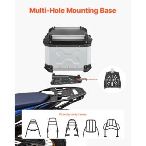motorcycle top case, 65l universal aluminum hard motorcycle tail case, waterproof detachable motorbike top box with security lock & leather liner for helmets storage