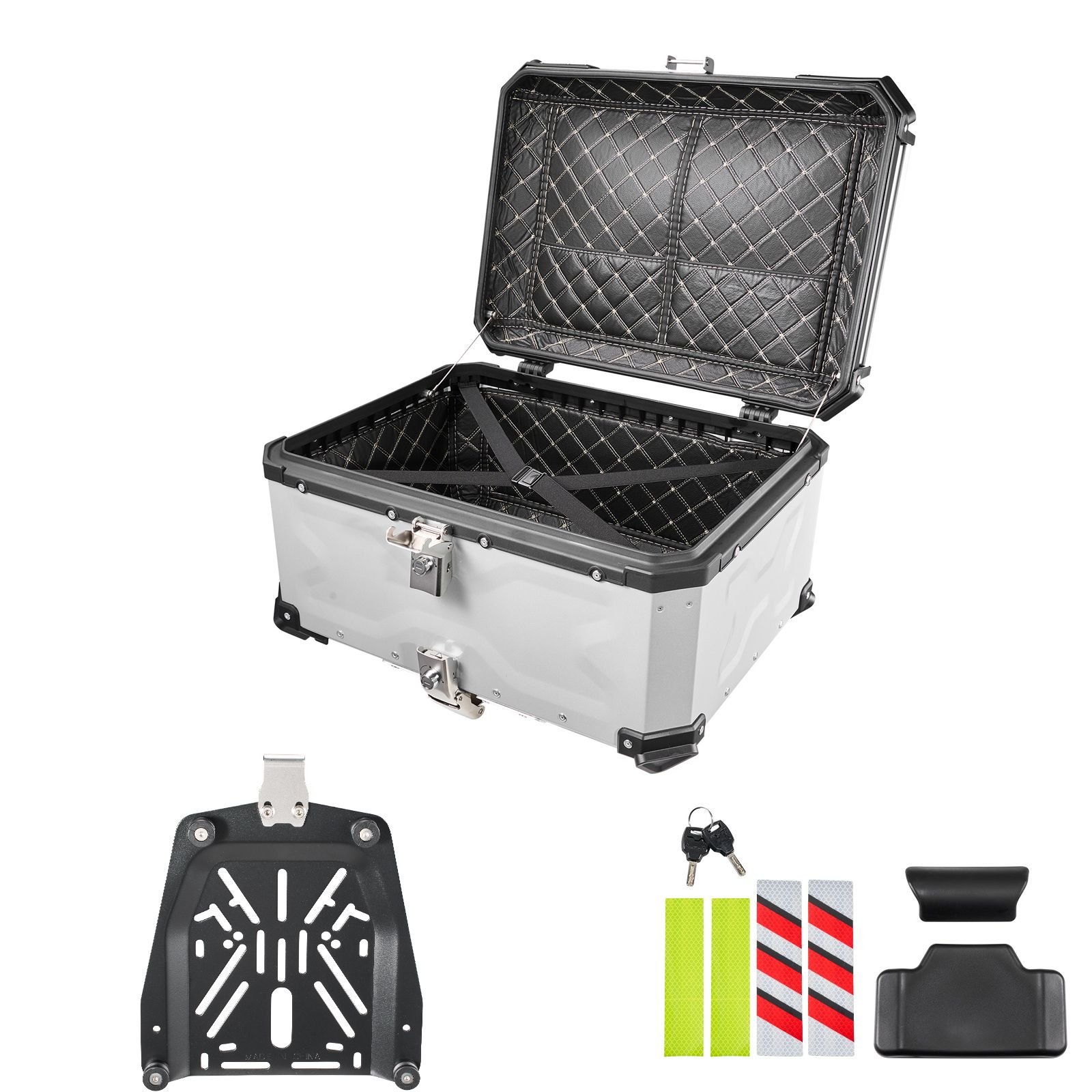motorcycle top case, 65l universal aluminum hard motorcycle tail case, waterproof detachable motorbike top box with security lock & leather liner for helmets storage