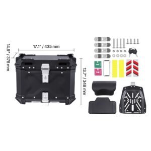 motorcycle top case, universal aluminum alloy motorbike tail box with leather lining, 45l waterproof detachable motorcycle top box with lock & back cushion, fit for 99% of motorcycle frames