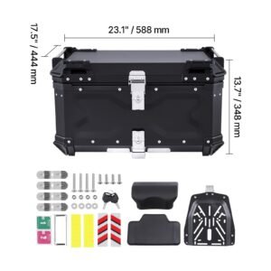 motorcycle top case, universal aluminum alloy motorbike tail box with leather lining, 65l waterproof detachable motorcycle top box with lock & back cushion, fit for 99% of motorcycle frames