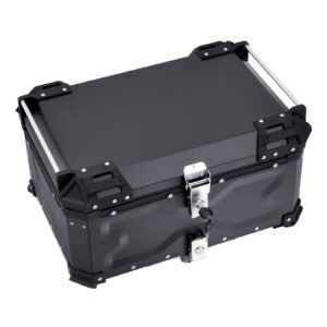 motorcycle top case, universal aluminum alloy motorbike tail box with leather lining, 65l waterproof detachable motorcycle top box with lock & back cushion, fit for 99% of motorcycle frames
