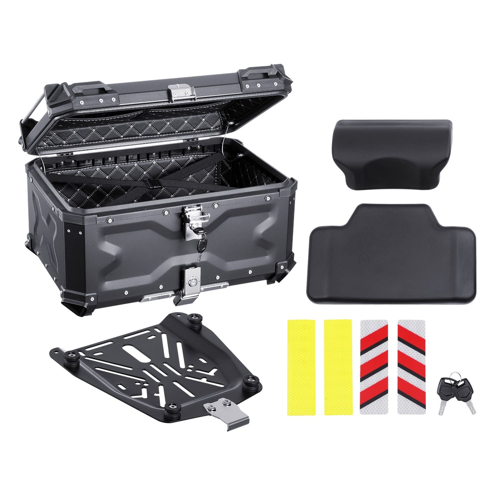 motorcycle top case, universal aluminum alloy motorbike tail box with leather lining, 65l waterproof detachable motorcycle top box with lock & back cushion, fit for 99% of motorcycle frames