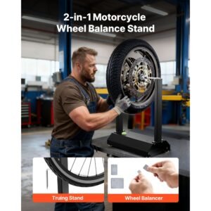 motorcycle wheel balancer, 88.2 lbs capacity, tire balancer & truing stand with adjustable centering cones and truing pointer, balancing tools for most motorcycles & bicycles, 32 inch wheel dia