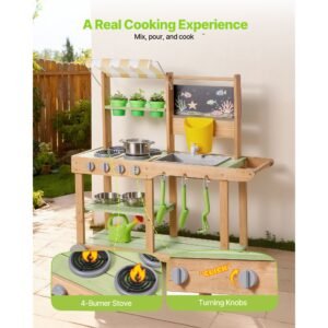 mud kitchen, outdoor mud kitchen for kids, wood outdoor play kitchens with spoons, sink, sunshade canopy, swivel wheels, cookware pots and accessories, wooden play kitchens for home, lawn