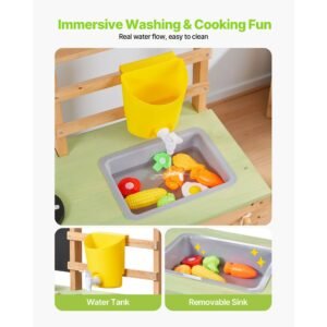 mud kitchen, outdoor mud kitchen for kids, wood outdoor play kitchens with spoons, sink, sunshade canopy, swivel wheels, cookware pots and accessories, wooden play kitchens for home, lawn