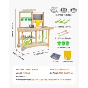 mud kitchen, outdoor mud kitchen for kids, wood outdoor play kitchens with spoons, sink, sunshade canopy, swivel wheels, cookware pots and accessories, wooden play kitchens for home, lawn