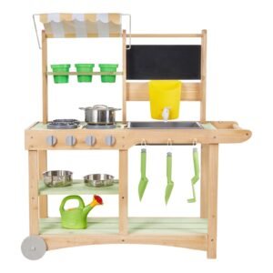Mud Kitchen, Outdoor Mud Kitchen for Kids, Wood Outdoor Play Kitchens with Spoons, Sink, Sunshade Canopy, Swivel Wheels, Cookware Pots and Accessories, Wooden Play Kitchens for Home, Lawn