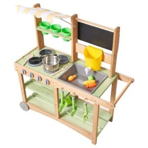 mud kitchen, outdoor mud kitchen for kids, wood outdoor play kitchens with spoons, sink, sunshade canopy, swivel wheels, cookware pots and accessories, wooden play kitchens for home, lawn