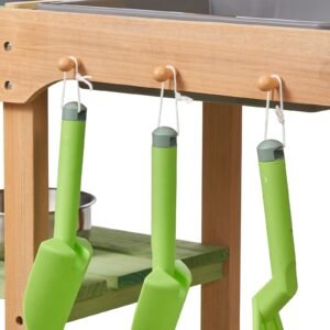 mud kitchen, outdoor mud kitchen for kids, wood outdoor play kitchens with spoons, sink, sunshade canopy, swivel wheels, cookware pots and accessories, wooden play kitchens for home, lawn