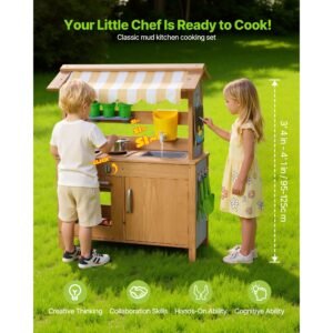 mud kitchen, outdoor mud kitchen for kids, wood outdoor play kitchens with spoons, sink, tank, sunshade canopy, shovels, cookware pots and accessories, wooden play kitchens for home, lawn
