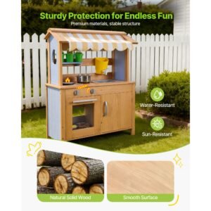 mud kitchen, outdoor mud kitchen for kids, wood outdoor play kitchens with spoons, sink, tank, sunshade canopy, shovels, cookware pots and accessories, wooden play kitchens for home, lawn