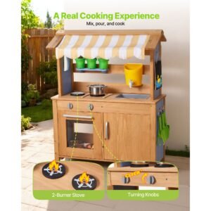 mud kitchen, outdoor mud kitchen for kids, wood outdoor play kitchens with spoons, sink, tank, sunshade canopy, shovels, cookware pots and accessories, wooden play kitchens for home, lawn