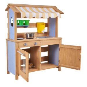 Mud Kitchen, Outdoor Mud Kitchen for Kids, Wood Outdoor Play Kitchens with Spoons, Sink, Tank, Sunshade Canopy, Shovels, Cookware Pots and Accessories, Wooden Play Kitchens for Home, Lawn