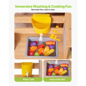 mud kitchen, outdoor mud kitchen for kids, wood outdoor play kitchens with spoons, sink, tank, sunshade canopy, shovels, cookware pots and accessories, wooden play kitchens for home, lawn