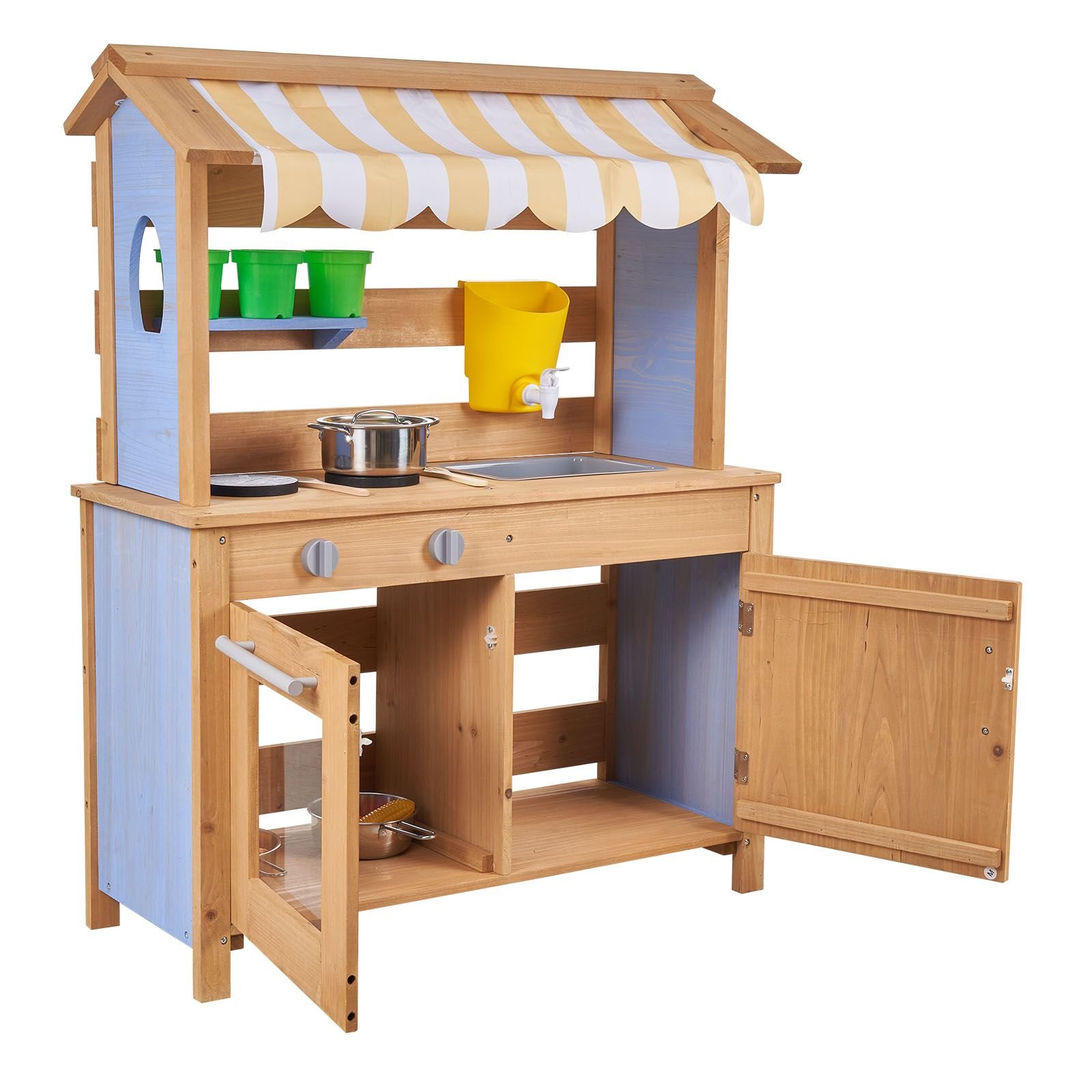 mud kitchen, outdoor mud kitchen for kids, wood outdoor play kitchens with spoons, sink, tank, sunshade canopy, shovels, cookware pots and accessories, wooden play kitchens for home, lawn