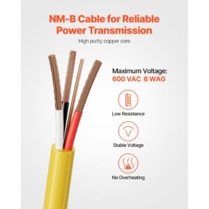 nm b wire, 6awg/3c non mettalic residential indoor electrical wire with ground, pvc sheathed high purity copper core cable, for outlets, switches, other loads & lighting wiring projects(50 ft)