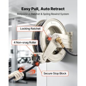 oil hose reel, 1/2 inch x 50 ft retractable, spring driven auto swivel rewind, max 3625 psi, heavy duty carbon steel construction with steel wire braided hose, for engine / gear / hydraulic oil