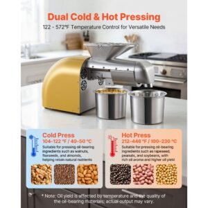 oil press machine, 11 lbs/h capacity, 1250w oil extractor machine, automatic electric oil maker for home commercial use, 122 f 572 f hot & cold pressing for peanuts sesames soybeans almonds