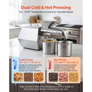 oil press machine, 11 lbs/h capacity, 1250w oil extractor machine, automatic electric oil maker for home commercial use, 122 f 572 f hot & cold pressing for peanuts sesames soybeans almonds