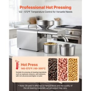 oil press machine, 8.27 lbs/h capacity, 750w oil extractor machine, automatic electric oil maker for home commercial use, 122 f 572 f hot pressing for peanuts sesames soybeans almonds