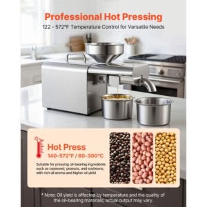 oil press machine, 8.27 lbs/h capacity, 750w oil extractor machine, automatic electric oil maker for home commercial use, 122 f 572 f hot pressing for peanuts sesames soybeans almonds