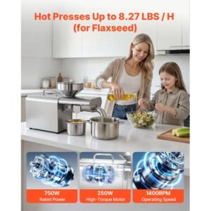 oil press machine, 8.27 lbs/h capacity, 750w oil extractor machine, automatic electric oil maker for home commercial use, 122 f 572 f hot pressing for peanuts sesames soybeans almonds