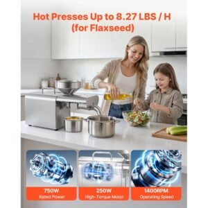 oil press machine, 8.27 lbs/h capacity, 750w oil extractor machine, automatic electric oil maker for home commercial use, 122 f 572 f hot pressing for peanuts sesames soybeans almonds
