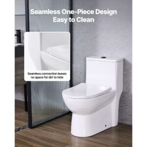 one piece toilet, elongated toilet vortex dual flush 1.1/1.6 gpf, toilets for bathroom with comfortable chair seat, 12 inch rough in, black + white, easy clean skirted design, standard height