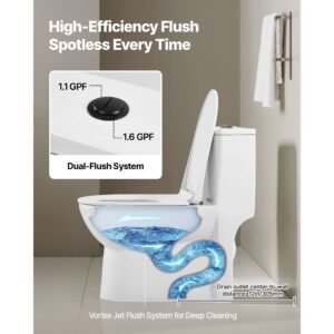 one piece toilet, elongated toilet vortex dual flush 1.1/1.6 gpf, toilets for bathroom with comfortable chair seat, 12 inch rough in, black + white, easy clean skirted design, standard height