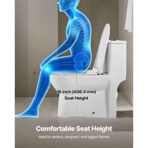one piece toilet, elongated toilet vortex dual flush 1.1/1.6 gpf, toilets for bathroom with comfortable chair seat, 12 inch rough in, black + white, easy clean skirted design, standard height
