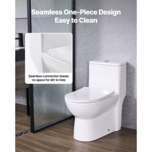 one piece toilet, elongated toilet vortex dual flush 1.1/1.6 gpf, toilets for bathroom with comfortable chair seat, standard height, easy clean skirted design, 12 inch rough in, white + silver