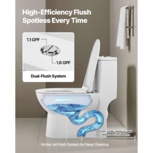 one piece toilet, elongated toilet vortex dual flush 1.1/1.6 gpf, toilets for bathroom with comfortable chair seat, standard height, easy clean skirted design, 12 inch rough in, white + silver