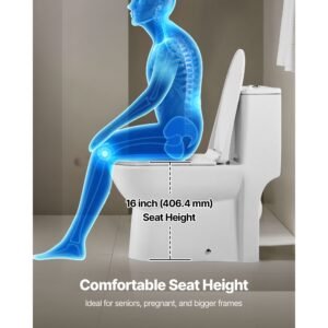 one piece toilet, elongated toilet vortex dual flush 1.1/1.6 gpf, toilets for bathroom with comfortable chair seat, standard height, easy clean skirted design, 12 inch rough in, white + silver