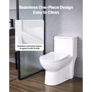 one piece toilet, elongated toilet vortex left flush 1.28 gpf, toilets for bathroom with comfortable chair seat, standard height, easy clean skirted design, 12 inch rough in, white + silver