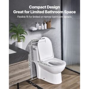 one piece toilet, elongated toilet vortex left flush 1.28 gpf, toilets for bathroom with comfortable chair seat, standard height, easy clean skirted design, 12 inch rough in, white + silver