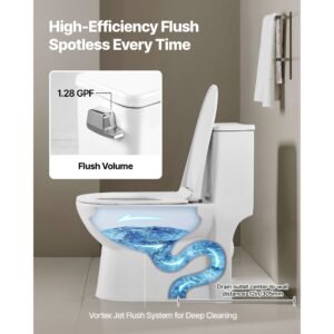 one piece toilet, elongated toilet vortex left flush 1.28 gpf, toilets for bathroom with comfortable chair seat, standard height, easy clean skirted design, 12 inch rough in, white + silver