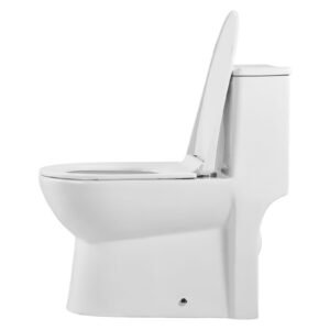 One-Piece Toilet, Elongated Toilet Vortex Left Flush 1.28 GPF, Toilets for Bathroom with Comfortable Chair Seat, Standard Height, Easy-Clean Skirted Design, 12 inch Rough-In, White + Silver