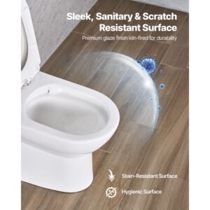 one piece toilet, elongated toilet vortex left flush 1.28 gpf, toilets for bathroom with comfortable chair seat, standard height, easy clean skirted design, 12 inch rough in, white + silver