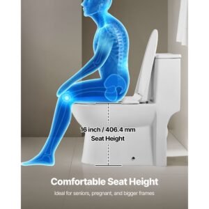 one piece toilet, elongated toilet vortex left flush 1.28 gpf, toilets for bathroom with comfortable chair seat, standard height, easy clean skirted design, 12 inch rough in, white + silver