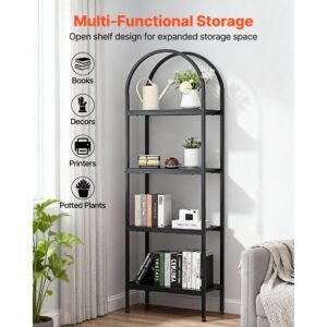 open bookshelf, 4 tier, arched bookcase storage shelves with metal frame, industrial metal book organizer, freestanding display rack tall shelving unit, for office, bedroom, living room, black