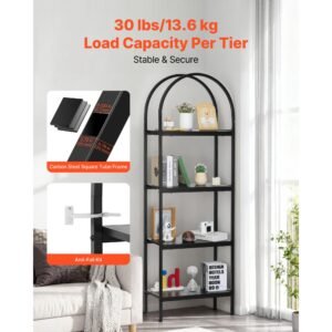 open bookshelf, 4 tier, arched bookcase storage shelves with metal frame, industrial metal book organizer, freestanding display rack tall shelving unit, for office, bedroom, living room, black