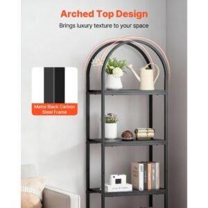 open bookshelf, 4 tier, arched bookcase storage shelves with metal frame, industrial metal book organizer, freestanding display rack tall shelving unit, for office, bedroom, living room, black