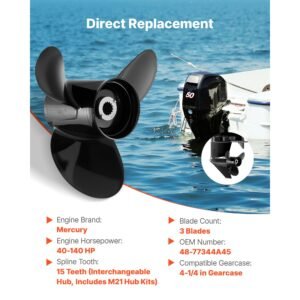 outboard propeller, upgrade oem 15 spline tooth aluminum outboard boat propeller fit mercury engines 40 140 hp, 4 1/4" gearcase, 3 blade, rh (right hand rotation), oem parts no. 48 77344a45