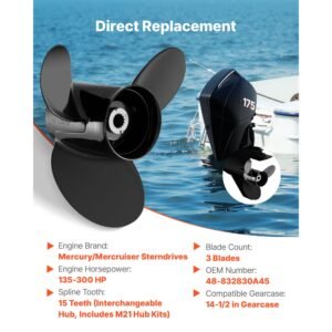 outboard propeller, upgrade oem 15 spline tooth aluminum outboard boat propeller fit mercury/mariner engines 135 300 hp, 4 3/4" gearcase, 3 blade, rh (right hand rotation), oem no. 48 832830a45