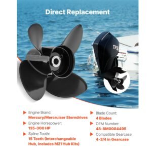 outboard propeller, upgrade oem 15 spline tooth aluminum outboard boat propeller fit mercury/mariner engines 135 300 hp, 4 3/4" gearcase, 4 blade, rh (right hand rotation), oem no. 48 8m0084495