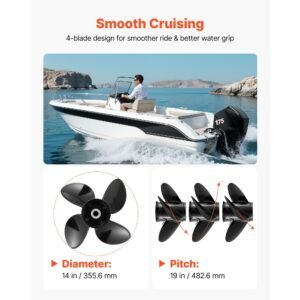 outboard propeller, upgrade oem 15 spline tooth aluminum outboard boat propeller fit mercury/mariner engines 135 300 hp, 4 3/4" gearcase, 4 blade, rh (right hand rotation), oem no. 48 8m0084495