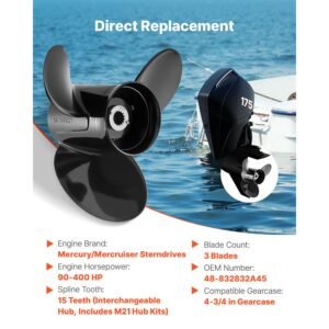 outboard propeller, upgrade oem 15 spline tooth aluminum outboard boat propeller fit mercury/mariner engines 90 400 hp, 4 3/4" gearcase, 3 blade, rh (right hand rotation), oem no. 48 832832a45