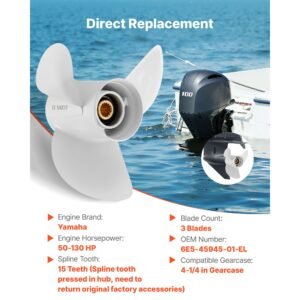 outboard propeller, upgrade oem 15 spline tooth aluminum outboard boat propeller fit yamaha engines 50 130 hp, 4 1/4" gearcase, 3 blade, rh (right hand rotation), oem parts no. 6e5 45945 01 el
