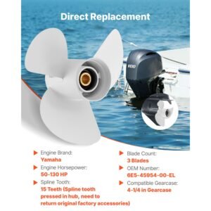 outboard propeller, upgrade oem 15 spline tooth aluminum outboard boat propeller fit yamaha engines 50 130 hp, 4 1/4" gearcase, 3 blade, rh (right hand rotation), oem parts no. 6e5 45954 00 el