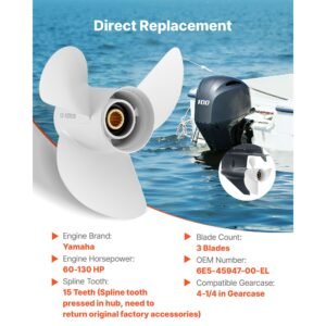 outboard propeller, upgrade oem 15 spline tooth aluminum outboard boat propeller fit yamaha engines 60 130 hp, 4 1/4" gearcase, 3 blade, rh (right hand rotation), oem parts no. 6e5 45947 00 el